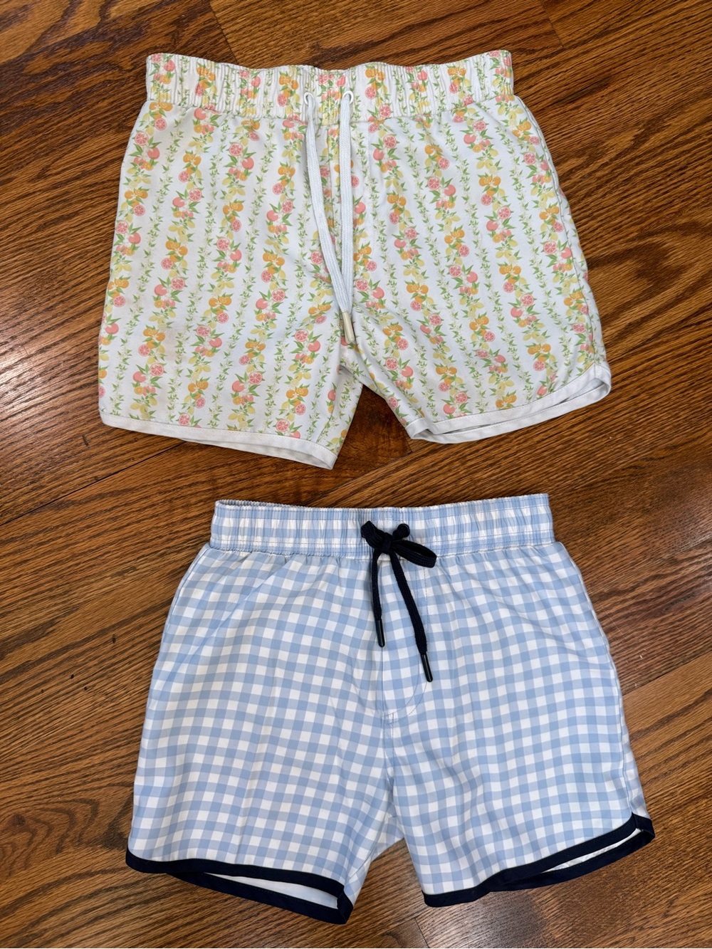 Kids Floral & Gingham Drawstring Shorts - White Floral, Blue Gingham